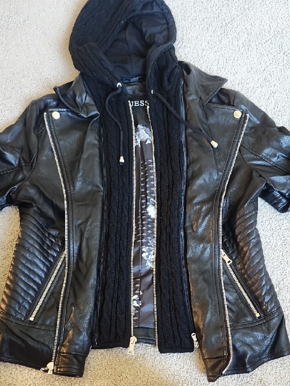 Guess Black Faux Leather Hooded Jacket with Quilted Panels - Picture 3 of 13